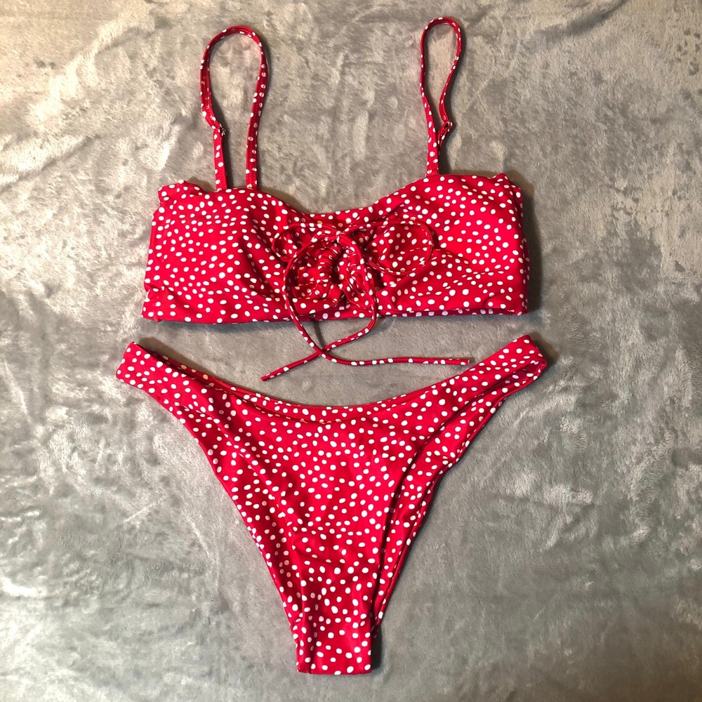 Zaful Polka Dot Bikini Set High Cut Keyhole Tie Bandeau Swimsuit Size Large 2 Pc